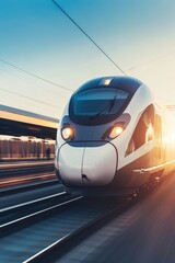 Fototapeta premium The train's presence adds a sense of excitement and anticipation to the city, as it weaves its way through the bustling streets.