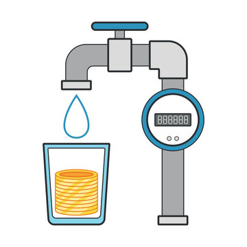 recommend clip art: Economical cold water meter. Glass with coins. Colored flat clip art.