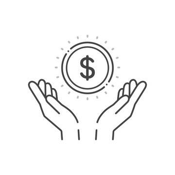 $の文字とコインを持っている人の手のアイコン- アメリカやカナダなどのお金･ドルのイメージ
