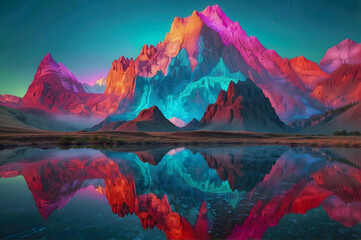 Obraz premium Ethereal Neon Illustrated Portrait of a Colorful Alien Landscape Sky and Lake