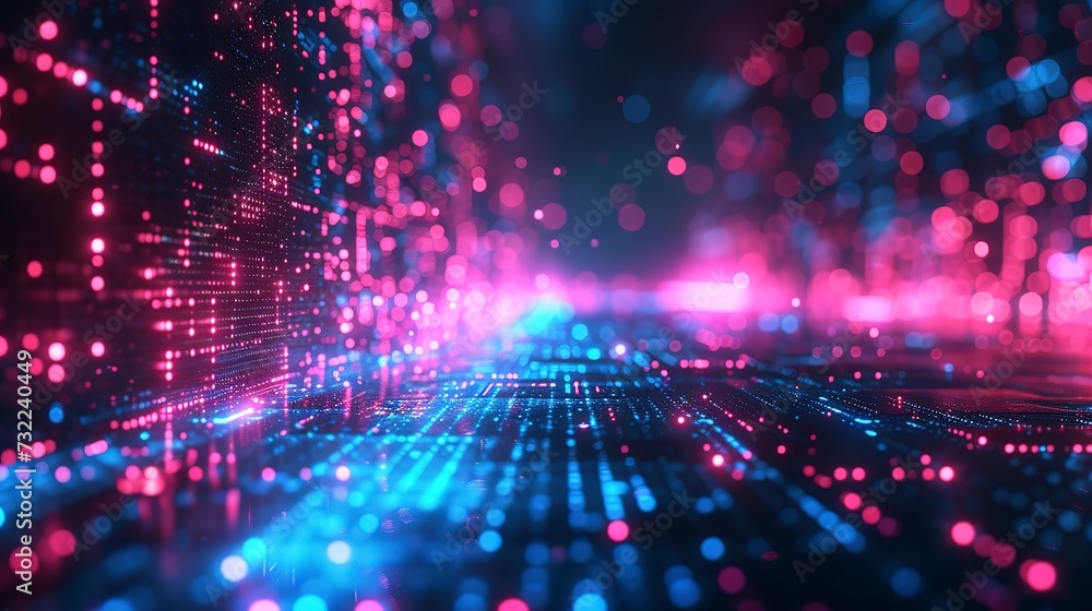 Poster horizontal blue and pink cyberpunk neon lights abstract background with generative ai technology