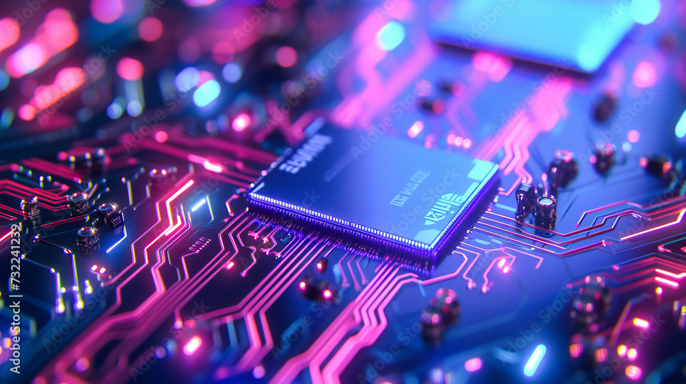 Poster detailed view of computer motherboard, advanced technology and electronics, macro shot of semiconduc