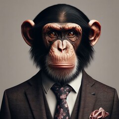 Monkey businessman in a suit and tie on a gray background. Studio shot
