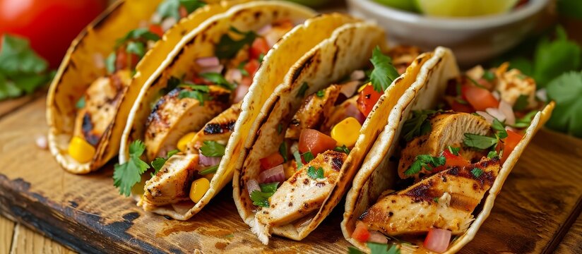 A display of Gringas, a fast food dish, featuring a row of tacos placed on a wooden cutting board.