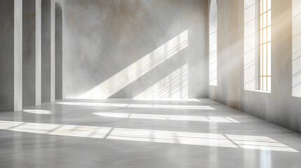 Empty room interior design with white walls, floor, window and sunlight. Created with Ai