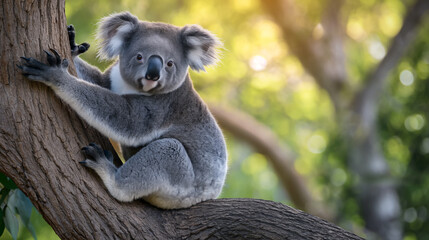 Obraz premium Tag des Artenschutzes - Koala sitzt auf einem Baumstamm umgeben von üppigem grün