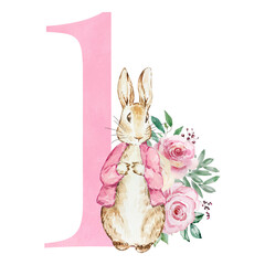 Watercolor pink number 1 with peter rabbit
