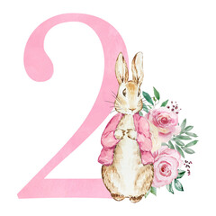 Watercolor pink number 2 with peter rabbit