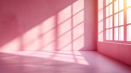Minimal room interior with incident light from window. Pastel pink color. Copy space.