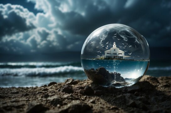 Enchanted Island in a Glass Sphere: A Surreal Coastal Dreamscape