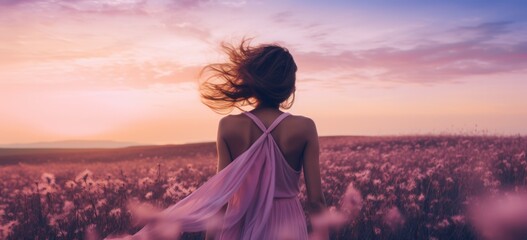 Woman in lavender field at sunset enjoying nature. Serenity and nature connection. Banner.