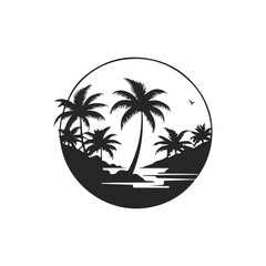 sunset with palm trees silhouettes logo or icon design template