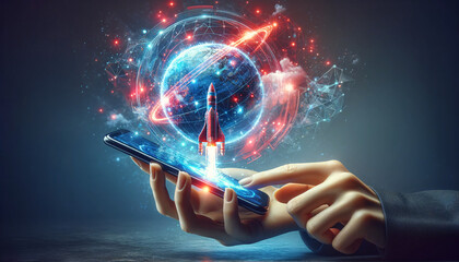 Futuristic Holographic Globe and Rocket over Smartphone