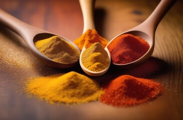 Three spoonfuls with different spices of red pepper, turmeric and curry, Italian herbs scattered on the table