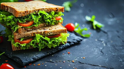 Healthy sandwiches with lettuce high angle, realistic, HD, copy space - generative ai