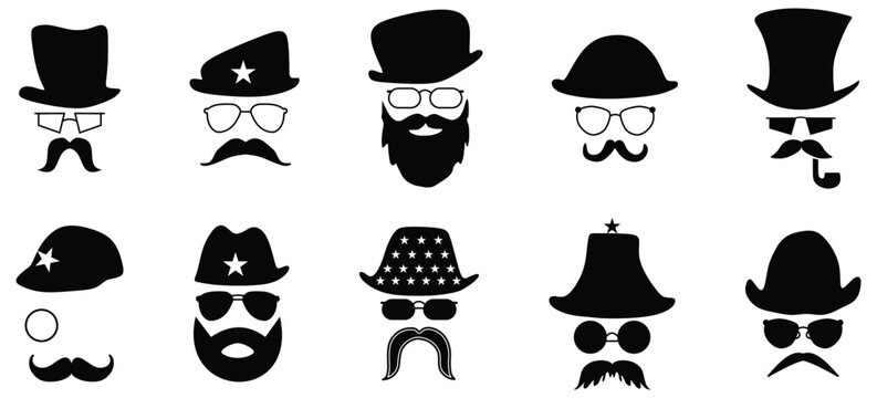 Vintage heads in glasses hat with mustache set. Fashion gentleman and hipster character with vintage style for masquerade and designer vector avatar