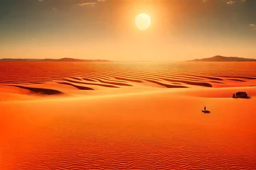 Fototapeten A scorching sun looms over a vast landscape, casting vibrant hues across the horizon © Mehram