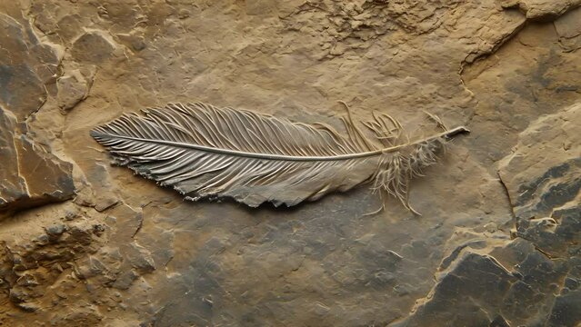 A fossilized feather found in layers of rock indicating the age and evolutionary significance of these feathers in relation to the emergence of birds.