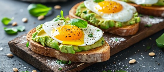 A delicious dish consisting of a sandwich with avocado and eggs served on a rustic wooden cutting board.