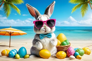 Cute bunny wearing sunglass enjoying in a summer beach with colorful easter eggs