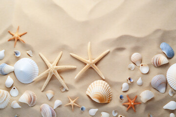 Fototapeta na wymiar Beach Vacation Memories with Starfish and Seashells on Sandy Shore. Summer and Travel Concept