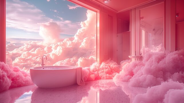 Pink magenta fantastic 3d clouds in the room interior, sky and landscape. Gentle colors and with bright lights. 