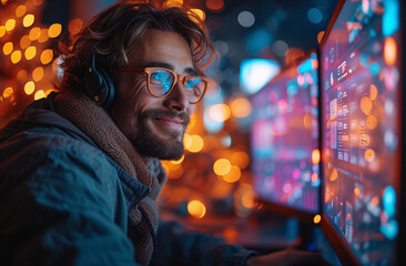Smiling young man with headphones using computer at night, vibrant city lights in background.
