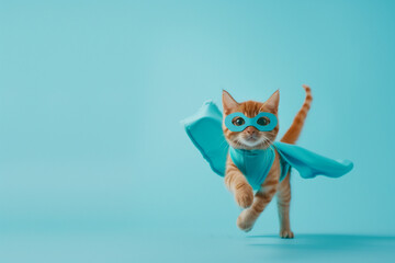 Superhero Cat at Vet on Blue Background 