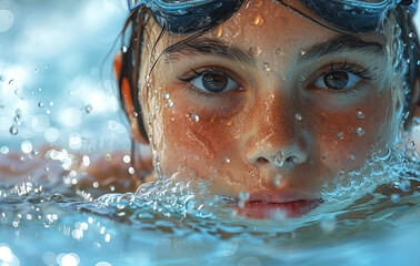 Fototapeta premium Close-up of a child swimmer with goggles in pool, water droplets on face.