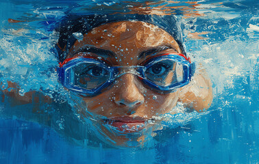 Fototapeta premium Close-up of a child swimmer with goggles in pool, water droplets on face.