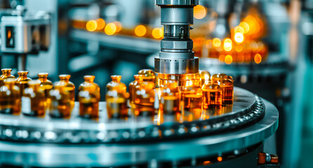 Automated Bottle Filling Line in a Modern Factory, Industrial Machinery for Pharmaceutical Production, Clean and Efficient Process