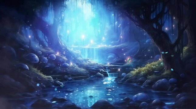 mysterious forest with blue lighting and waterfall fantasy landscape loop animation background illustration