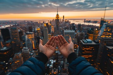 Hands cupped over the city of New York - obrazy, fototapety, plakaty