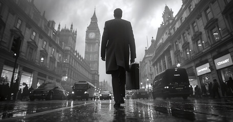 Businessman walking in London on a rainy day with Big Ben in the background.