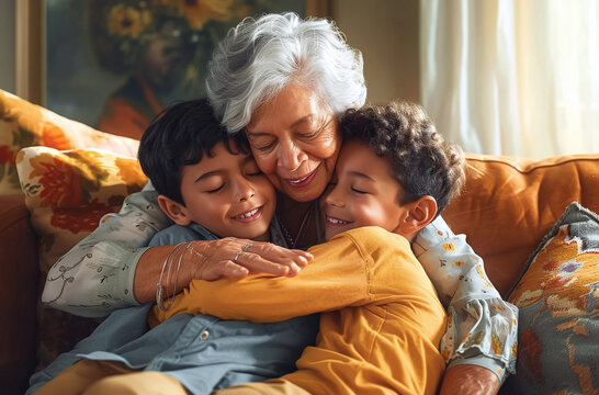 Affectionate grandmother embracing her two young grandchildren, sharing a moment of love and happiness indoors.