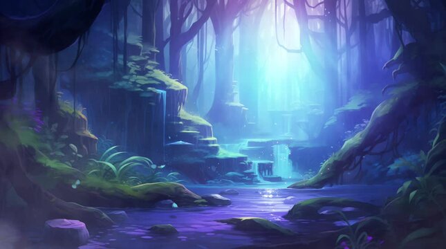 mysterious forest with blue lighting and waterfall fantasy landscape loop animation background illustration