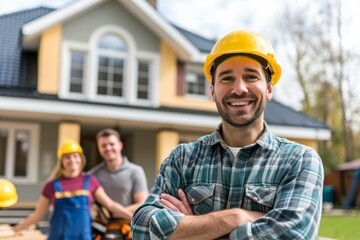 A contractor with excited homeowners in the background