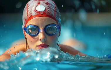 Focused swimmer in cap and goggles swimming freestyle in pool, water splashing. - obrazy, fototapety, plakaty