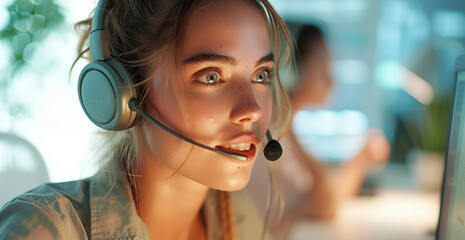 Female customer service representative with headset working in office, warm lighting.