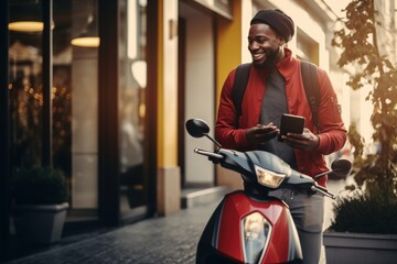 Fototapeta na wymiar Smiling man with scooter using smartphone