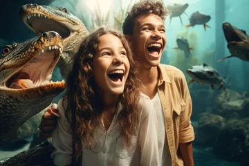 Fotobehang Kids laughing in front of aquarium crocodiles © Archil