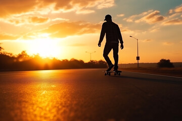 Skateboarder Cruising on Road at Sunset. Freedom and Adventure Skateboarding Concept