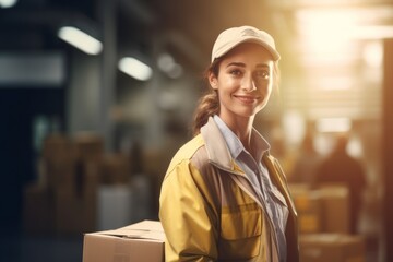 Smiling delivery woman with package in warehouse