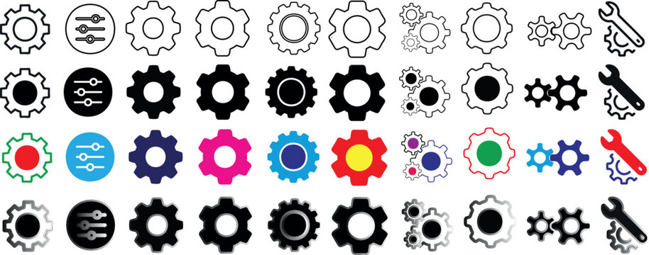 diverse gear and wrench icons, perfect for engineering, design, and presentations. Includes line art, solid, 3D styles. Standout on white background