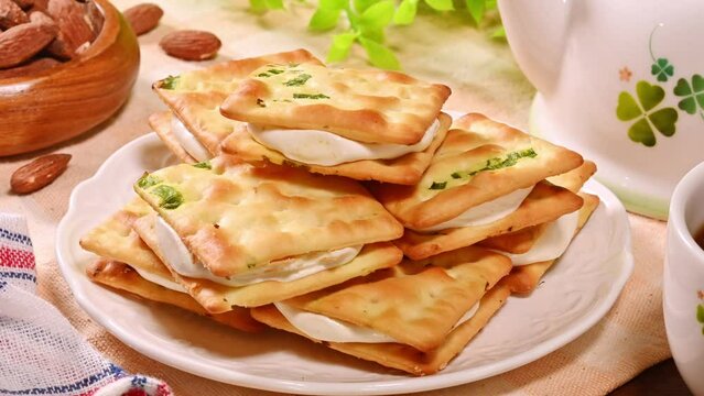 Scallion cookie nougats with tea on the plate  