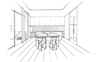 Interior design sketch of the dining area and pantry. , Graphic assembly in architecture and interior design work. ,Sketch ideas for interior or exterior designs.