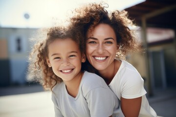Happy mother and daughter in sunlight