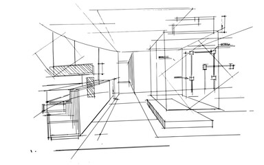 Drawing exterior and interior architectural lines. , Graphic assembly in architecture and interior design work. ,Sketch ideas for interior or exterior designs.