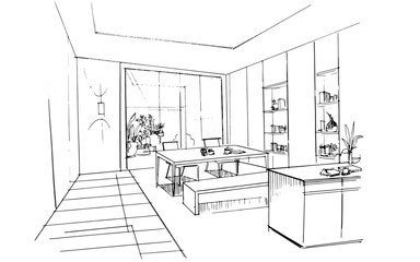 Interior design sketch of the dining area and pantry. , Graphic assembly in architecture and interior design work. ,Sketch ideas for interior or exterior designs.