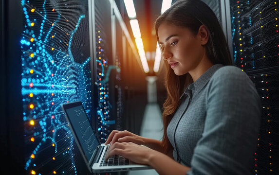 Professional woman working on laptop in server room with digital network graphics overlay.